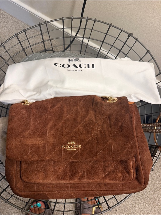 Coach Handbags - Coach Brown Suede Shoulder Bag with Gold Hardware